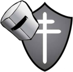 Emblem of the Grandin's Crusaders - The unit's symbol is a bronze knight’s helmet hanging off the dexter corner of a red shield emblazoned with a white Cross of Lorraine, a simplified version of the Grandin coat of arms. Crusaders 'Mechs are painted steel gray, with black segmentation at joints to resemble a suit of plate armor. The three tanks go'with a flat coat of gray or suitable camouflage for their current operating terrain. Infantrymen use a diverse array of kit, mostly taken with them following their abbreviated service elsewhere, but they wear standardized gray-green field uniforms with the Crusaders patch attached to the right shoulder