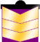 Three gold chevrons, purple fills upper chevron opening and opening behind lower chevron, with black bar that has half-circle along upper edge.