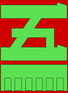 Green katakana 5 on red background with green bar underneath