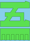 Green katakana 5 on light blue background with green bar underneath